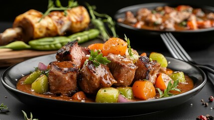 Fototapeta premium Grilled pork belly bbq ribs with roasted vegetables golden sunset food photography outdoor dining culinary delight