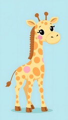 Obraz premium Playful Cartoon Giraffe with Polka-Dot Design and Soft Pastel Colors on a Blue Background