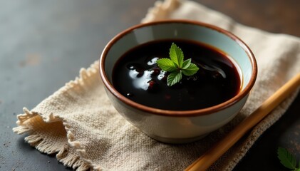 Dark soy sauce in ceramic bowl, chopsticks nearby, textured linen backdrop, dining, background, dark