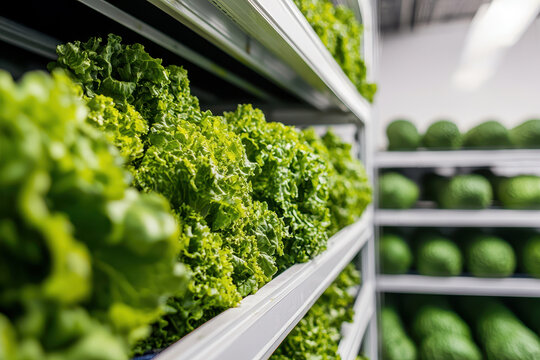 Fresh green lettuce in vertical farming setup