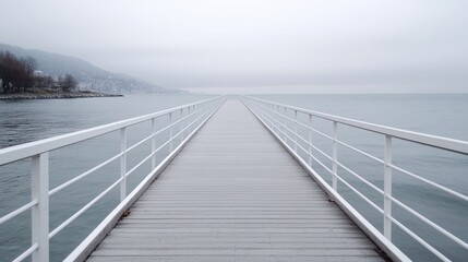 Obraz premium Pier extending to misty lake, mountains in background. Peaceful travel scene
