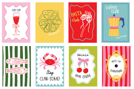 Bright and lively food-themed posters with quotes of hand-drawn illustrations of wine, pasta, cherry, coffee, sardines. Perfect wall d&eacute;cor for kitchens, caf&eacute;s, and restaurants, t-shirt graphics.