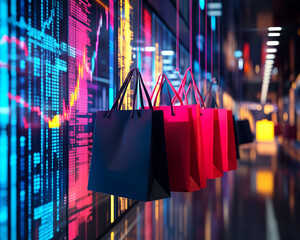 Colorful shopping bags hanging in front of a dynamic digital display with bright neon lights. The image represents modern commerce, e-commerce, and the future of digital shopping experiences.
