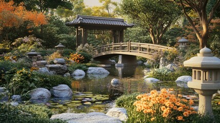 Traditional Japanese garden with a wooden bridge, lanterns, and a pond surrounded by colorful trees and blooming flowers. Peaceful, harmonious outdoor setting. Generative AI