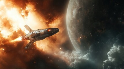 Sleek spaceship cutting through golden clouds in an atmospheric sci-fi scene. Flames burst from its engines, emphasizing dynamic movement in a surreal cosmic setting. Generative AI