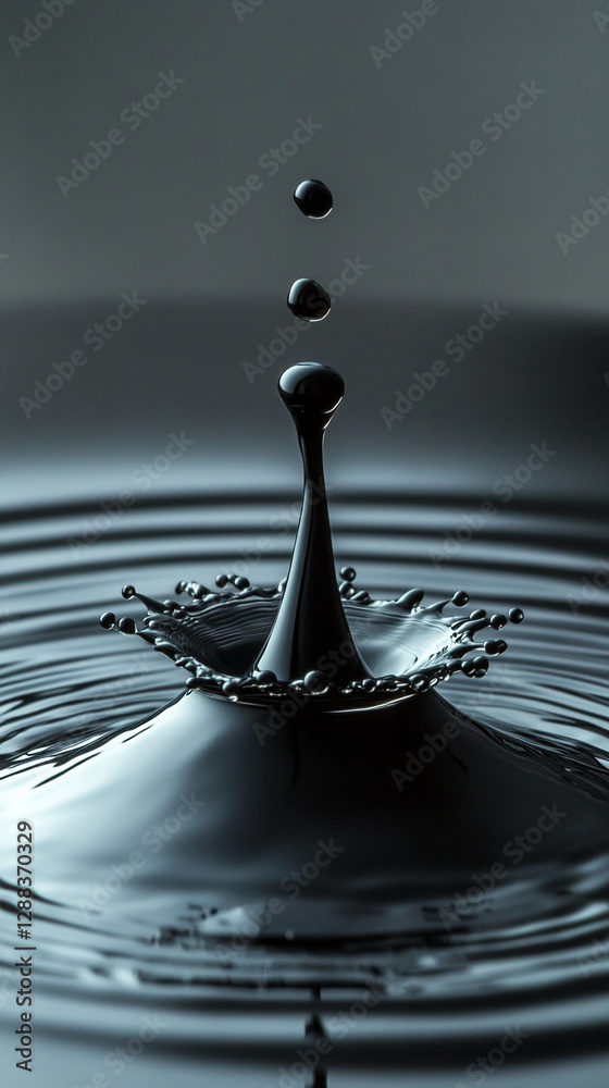 Poster close-up shot of a water droplet creating a peak in dark water, capturing fluid motion and elegance 