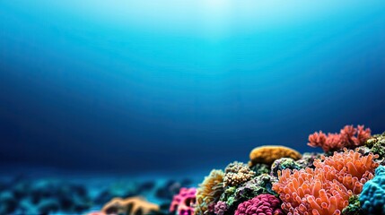 Fototapeta premium Ocean acidification concept. Vibrant coral reef under water with colorful corals in serene ocean depths.