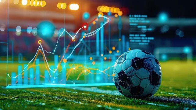 A colorful soccer ball surrounded by a futuristic digital interface displaying charts, graphs and numbers illustrating the combination of sports and technology in online betting analysis.