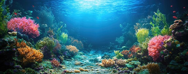 Obraz premium Ocean acidification concept. A vibrant underwater coral reef teeming with life and colorful marine plants.