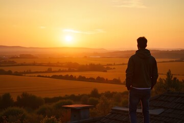 Fototapeta premium A man standing on his rooftop, looking at the sun setting behind the golden fields.