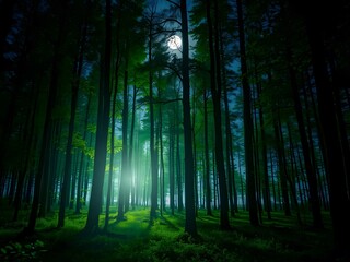 Naklejka premium Ethereal Green Forest with Soft Moonlight Shining Through Tall Trees at Night