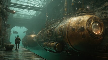 Underwater diver in a heavily armored suit exploring the ocean depths near vintage submarines. The golden glow of the equipment contrasts with the dark aquatic environment. Generative AI