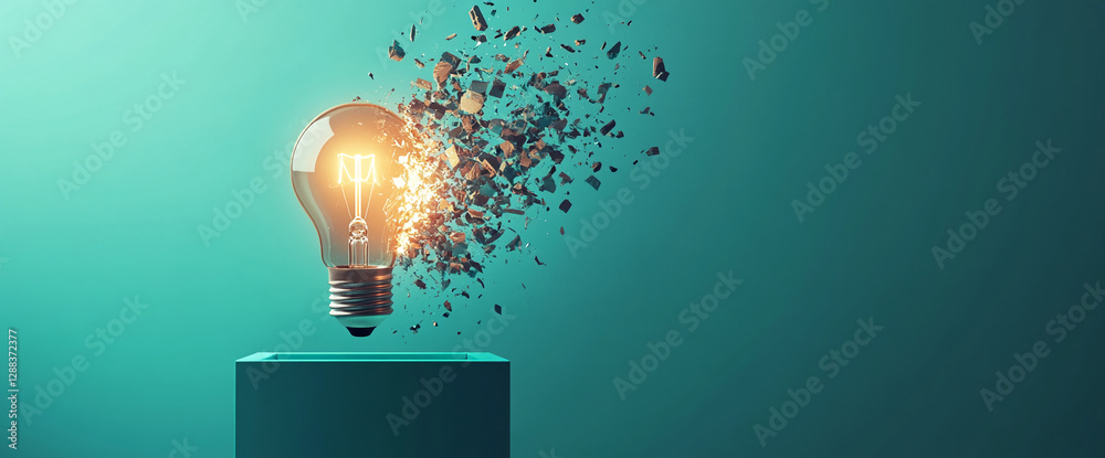 Poster A lightbulb exploding into pieces above a teal cube, symbolizing the concept of innovation, creativity, and the breaking of traditional boundaries in a modern design.