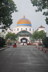 MELAKA, MALAYSIA - May 5, 2024 :  A view of the Melaka Straits Mosque in the world heritage city of Melaka
