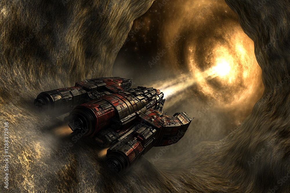 Wall mural spaceship navigates through a mysterious cosmic tunnel towards an unknown destination filled with sw