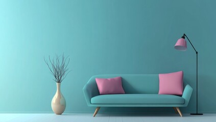 Teal Living Room Interior Design with Pink Accents