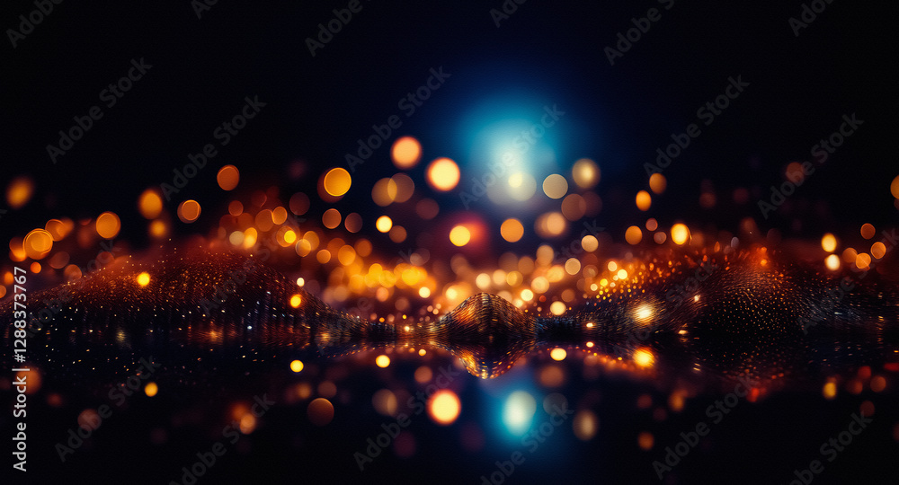 Fototapete Abstract dark backdrop with blurred golden and white bokeh lights scattered across a black surface, creating a dreamy, festive atmosphere with a hint of sparkle and elegance.