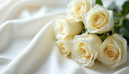 Obraz premium Elegant White Roses Bouquet on Soft White Fabric