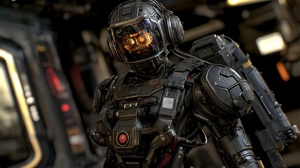 Fototapeta premium Humanoid Robot with Metallic Skin and Intricate Mechanical Parts