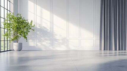 Obraz premium Minimalistic Interior with White Wainscoting and Grey Curtains