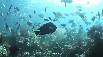 Fototapeta premium A vibrant underwater scene showcasing a diverse school of fish swimming above a colorful coral reef.