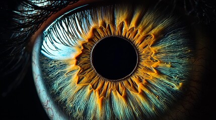 Macro View of a Human Eye, Close-up Iris Detail, Striking Blue and Orange Color Palette, eye, macro, human