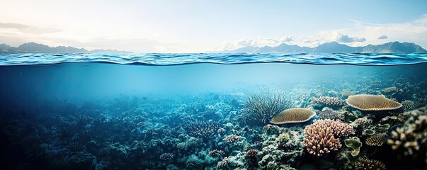 Naklejka premium Ocean acidification idea. Stunning underwater coral reef showcasing vibrant marine life and clear blue waters.