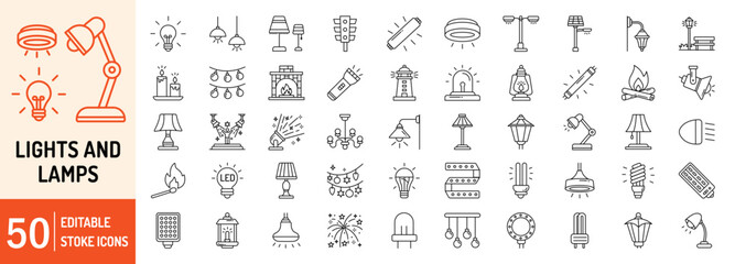 Lights and lamp collections editable stroke outline web icons set. Light, lamp, bulb, spotlight, led bulb, flashlight, street light, siren, chandelier and more... Vector illustration