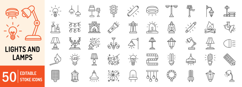 Lights and lamp collections editable stroke outline web icons set. Light, lamp, bulb, spotlight, led bulb, flashlight, street light, siren, chandelier and more... Vector illustration
