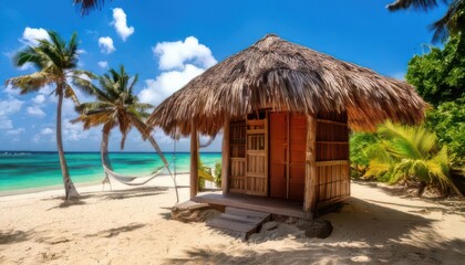 Tropical beach hut surrounded by palm trees and clear blue waters under a bright sky.