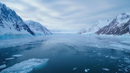 Ocean acidification concept. Majestic icy landscape with mountains and calm water under a cloudy sky.