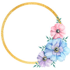 round golden frame with anemone flowers.Beautiful frame for packaging design, cards, stationery.Watercolor wreath made of summer colorful wildflowers.Botanical invitation template with space for text.