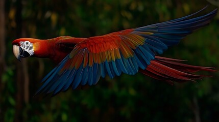 Obraz premium Scarlet macaw soars through the rainforest with vibrant plumage