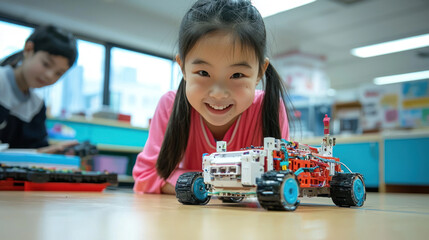 Girl smiling with robotic car in classroom, engaging in STEM education