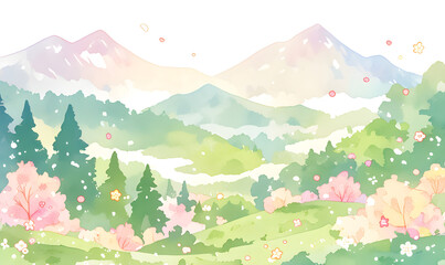 Typical Japanese landscape with mountains, cherry trees green trees, Generative AI