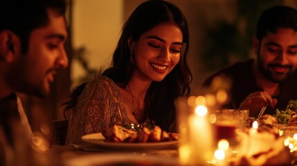 Diwali Hindu Festival of lights celebration. Indian Family on a festive dinner table
