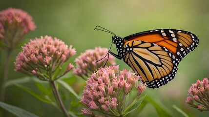 Obraz premium Vibrant Monarch Butterfly Resting on Milkweed Amidst a Tranquil Grassland