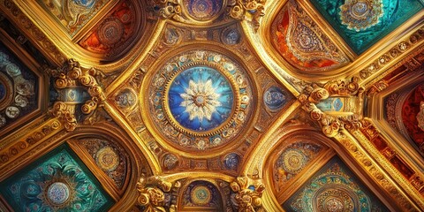 the Vatican ceiling fresco, focusing on the intricate patterns of sacred symbols surrounded by golden frames