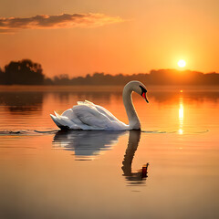 Fototapeta premium Swan – A graceful swan gliding on a golden sunset lake, Generative AI