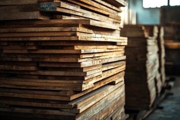 Fototapeta premium Freshly painted wooden planks drying in a warm and inviting workshop space. Generative AI