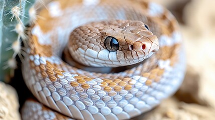 Fototapeta premium Close-up of a desert snake coiled. Cactus in background. Stock photo