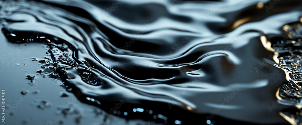 Aufkleber Close-up view of black liquid flowing smoothly on a surface with shiny and glossy texture, creating fluid patterns, symbolizing elegance, minimalism, and modern design.
