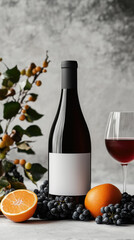 Vertical photo of a bottle of aged red grape wine with orange flavor. Advertising layout.