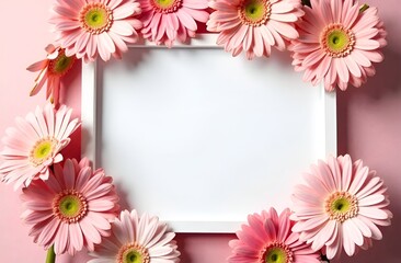 White empty frame with a place for text with gerber pink flowers along the contour. International Women's Day. Mother's Day. Valentine's Day