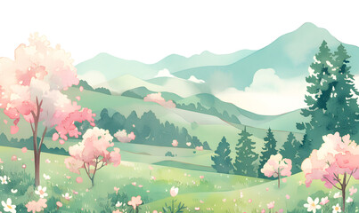Fototapeta premium Typical Japanese landscape with mountains, cherry trees green trees, Generative AI