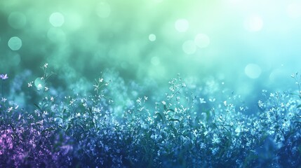 Fototapeta premium A vibrant field brimming with blossoming blue and purple flowers dotted with delicate white blooms. Set against a serene backdrop of soft green and blue gradients, evoking tranquility and natural beau