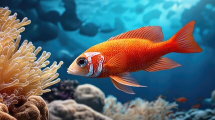Fototapeta premium Ocean acidification concept. Vibrant orange fish swimming near colorful coral in a serene underwater scene.