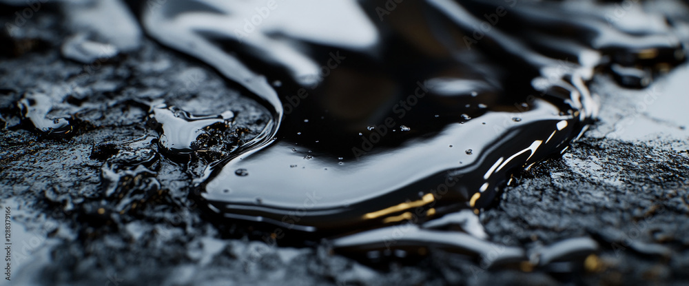 Poster close-up of flowing black liquid on a textured surface with detailed reflections, representing smoot