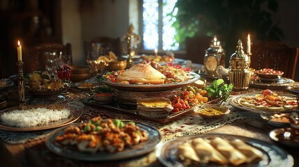 Beautiful Ramadan Iftar Table with Traditional Dishes, Warm Candlelight, and Elegant Arabic Lanterns, Creating a Cozy and Festive Atmosphere for Family and Friends