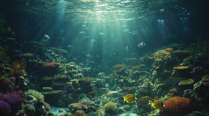 Fototapeta premium Ocean acidification idea. A vibrant underwater scene showcasing colorful coral reefs and diverse marine life.